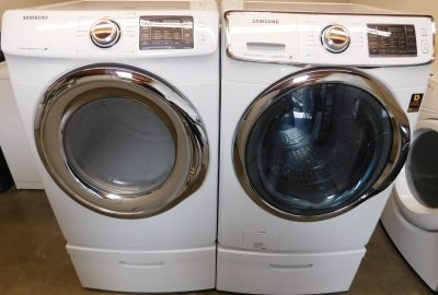 SAMSUNG WASHER AND GAS DRYER-WITH STEAM- ON PEDESTALS - PRODUCT ID# A-336