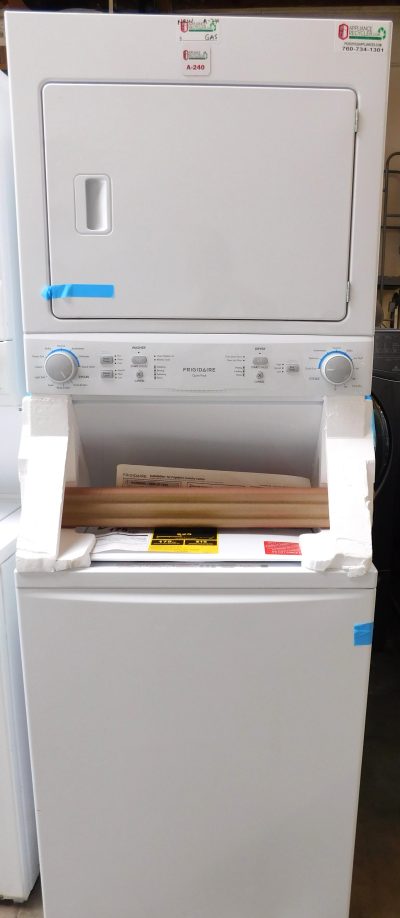 STACKED (NEW OUT OF BOX) (FRIGIDAIRE) (FULL SIZE) WASHER & (GAS) DRYER PRODUCT ID#A-240