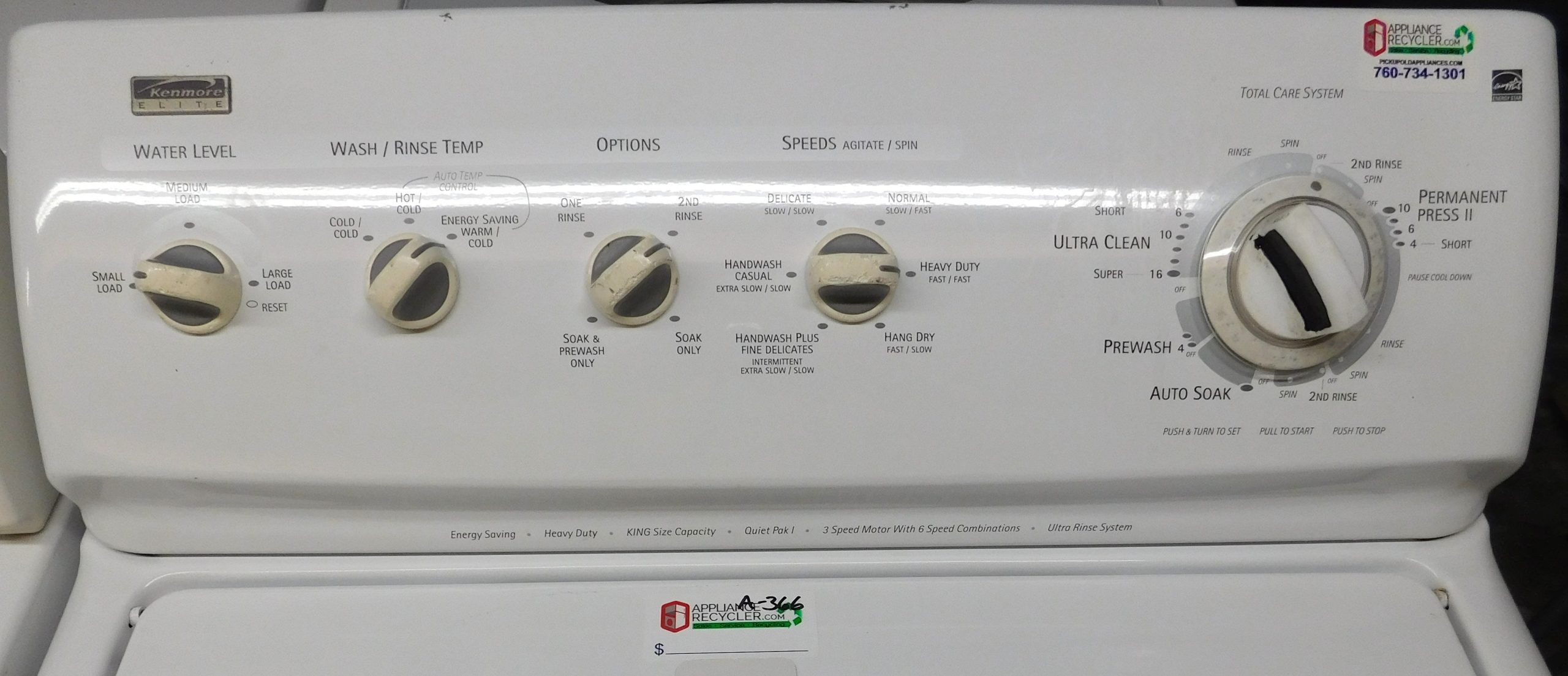 KENMORE WASHER- KING SIZE CAPACITY- HEAVY DUTY WASHER- PRODUCT ID#A-366 - Image 3